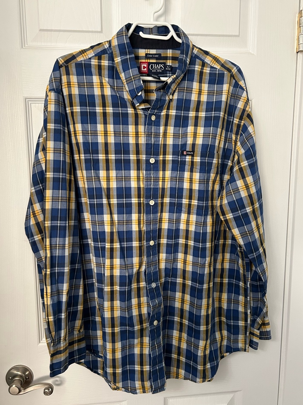 Chaps Men's Navy Blue and Yellow Plaid Button-Down Shirt